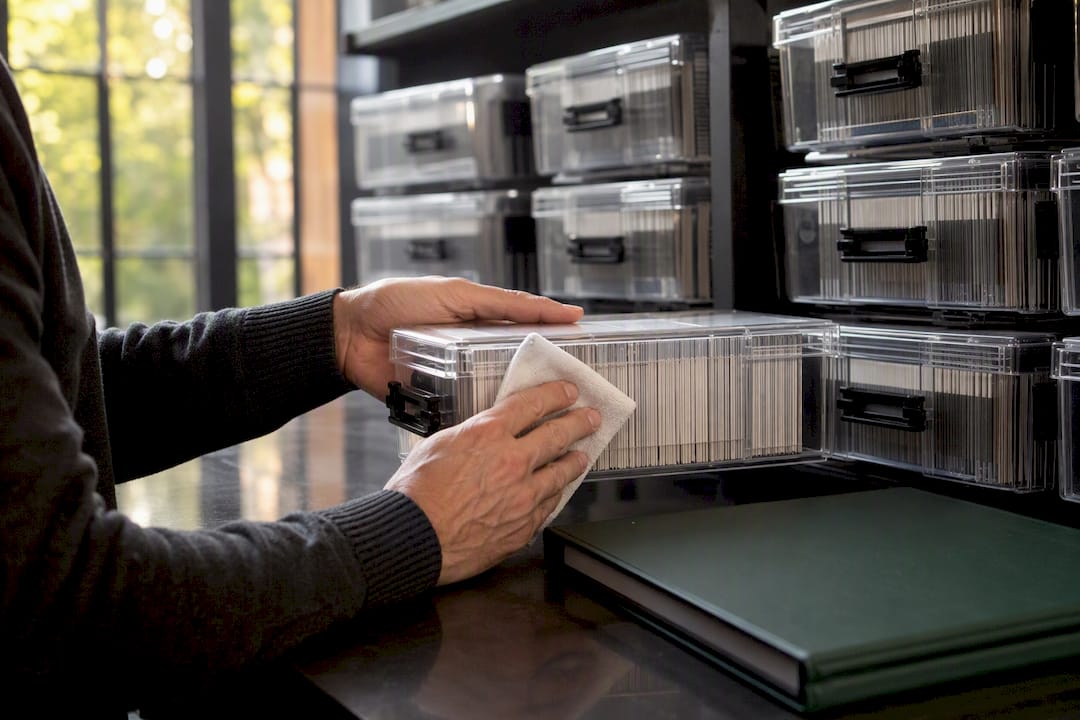 Hands auditing data archive boxes