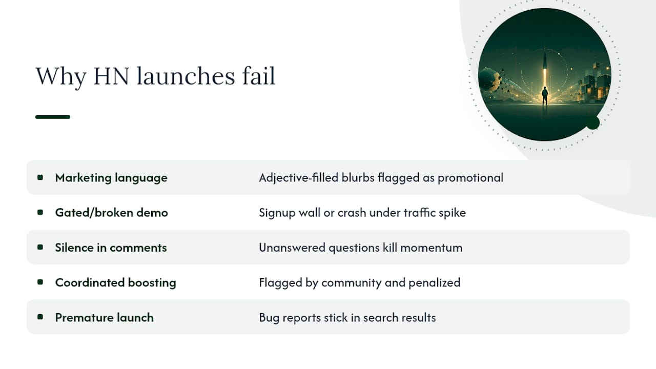 Why Launch HN and Show HN Posts Fail — overview diagram