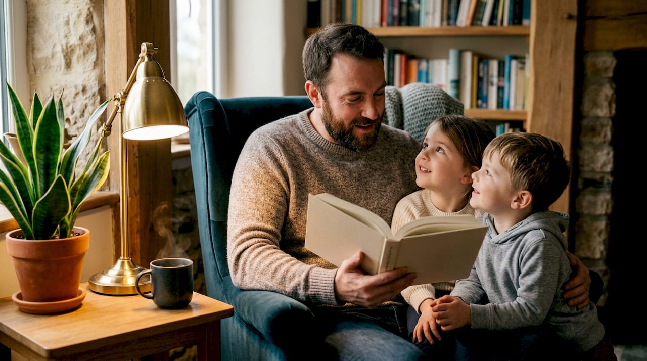 Father reading Christian curriculum to children
