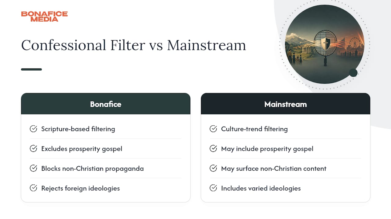 Why Bonafice Filters Media Through a Confessional Reformed Lens — overview diagram