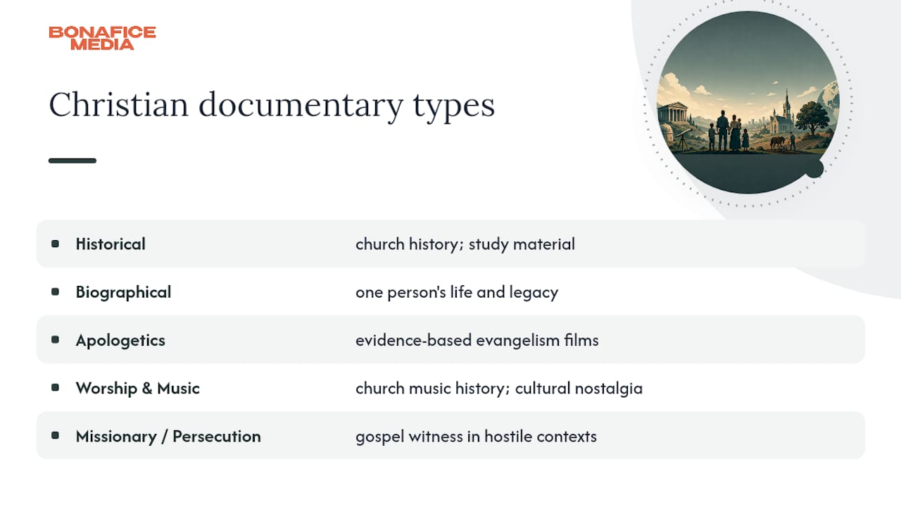 Five Christian documentary categories arranged by subject