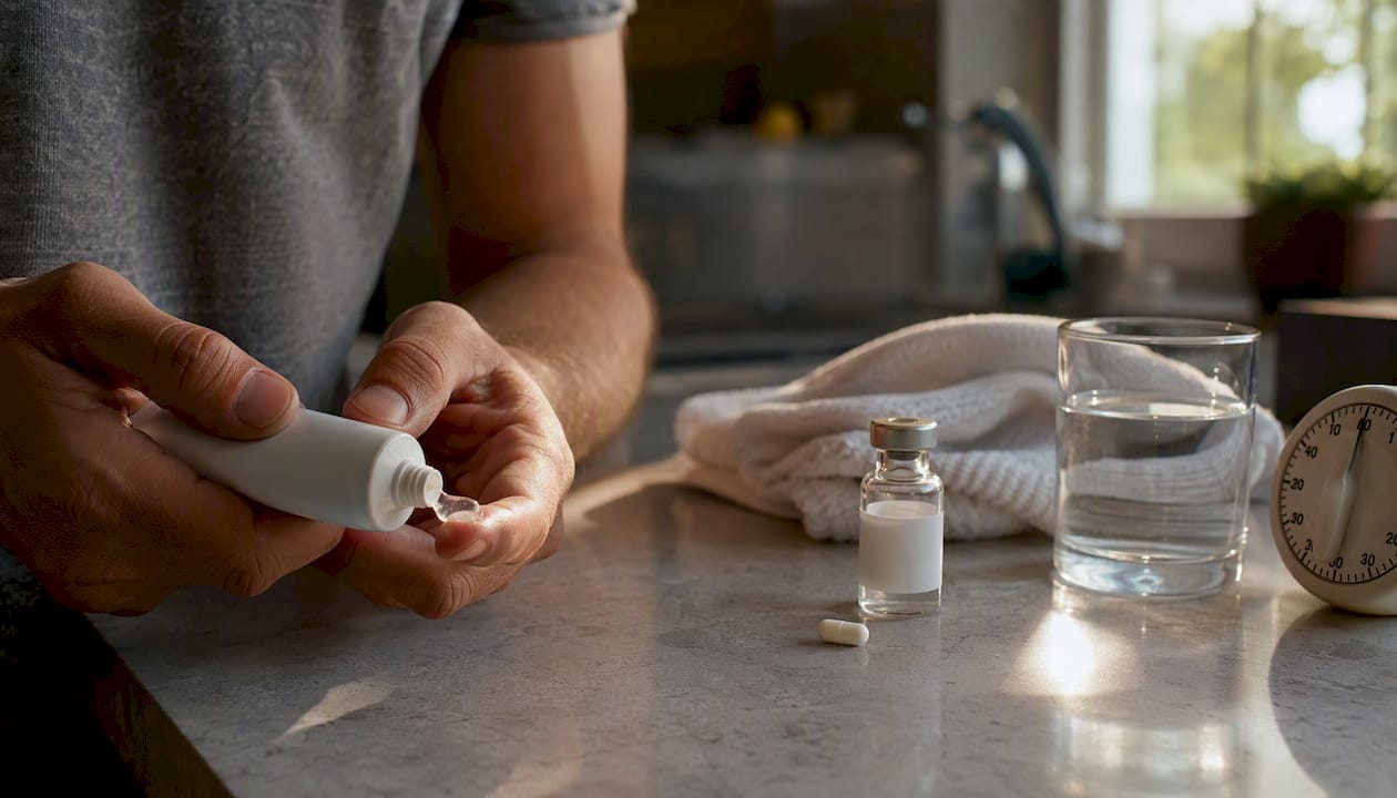 Various testosterone medication forms arranged on table