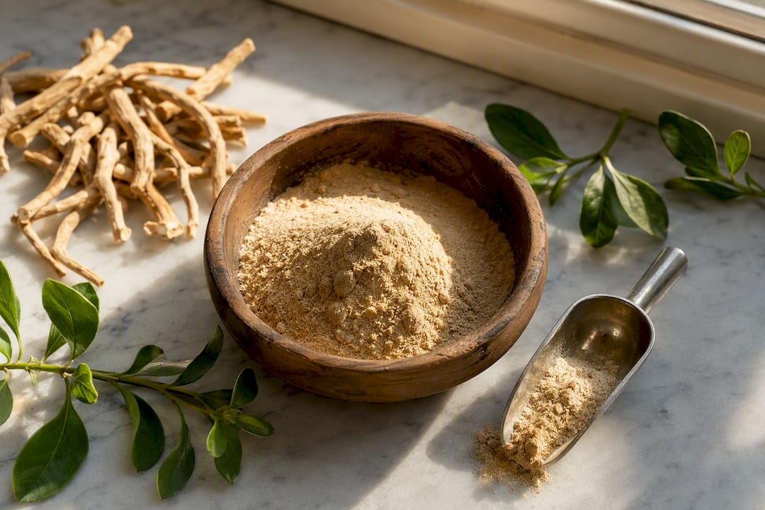 Ashwagandha root and powder on wooden table
