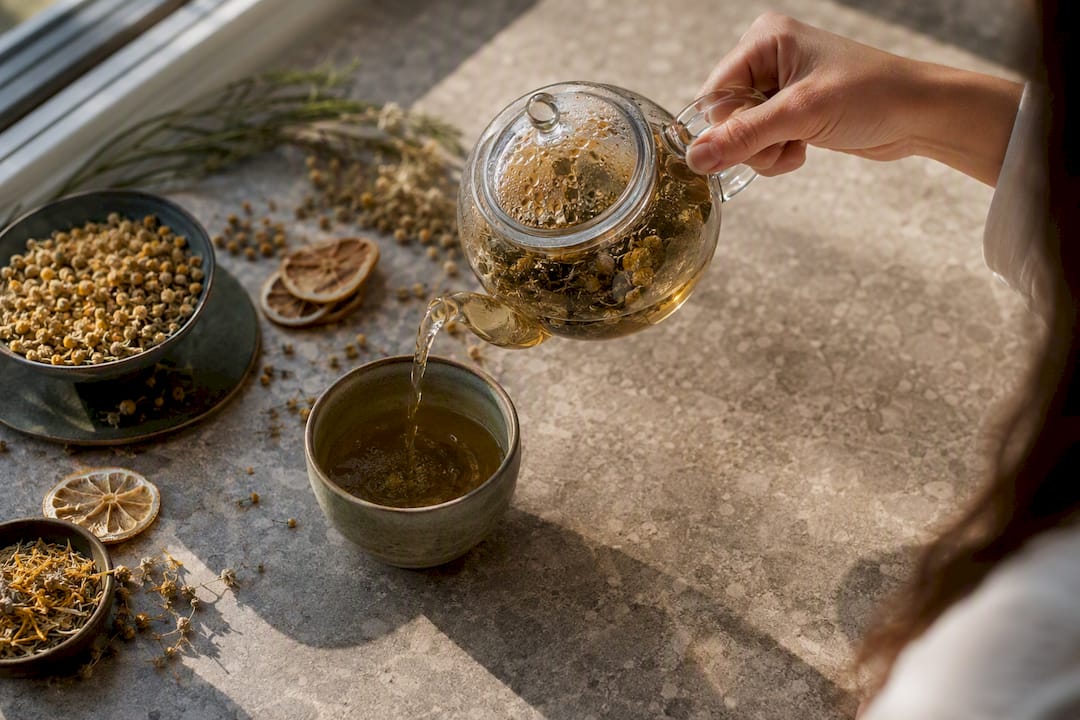Hand pouring herbal tea with herbs nearby