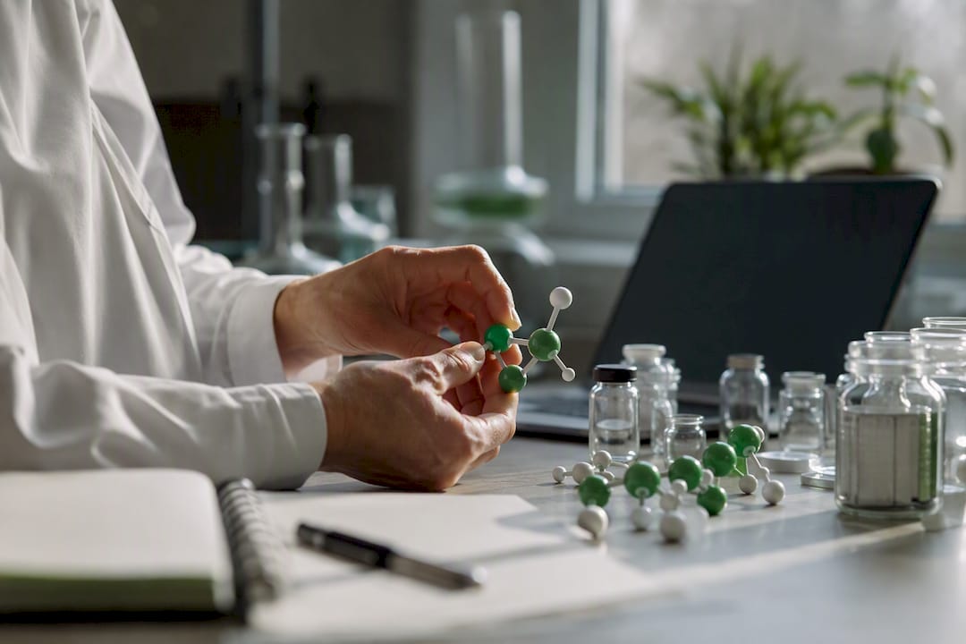 Hands holding molecular model of nicotinamide riboside