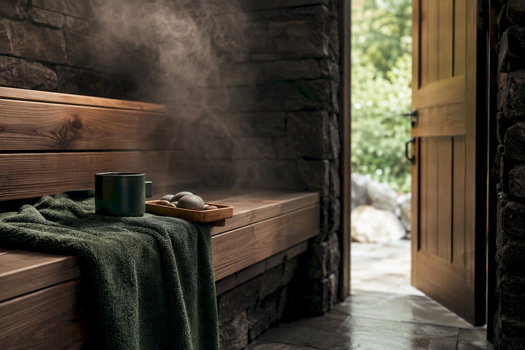 Sauna corner with towel and water bottle for detox