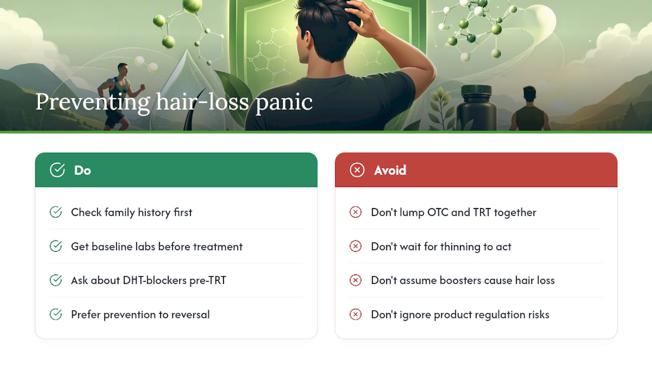 Why the Hair-Loss Panic Around Testosterone Is Mostly Misplaced — overview diagram