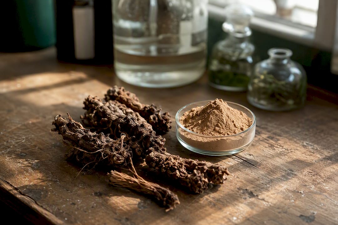 Rhodiola Rosea roots and powder on rustic table