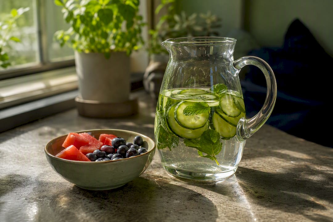 Glass of water with lemon and nitrate-rich fruits