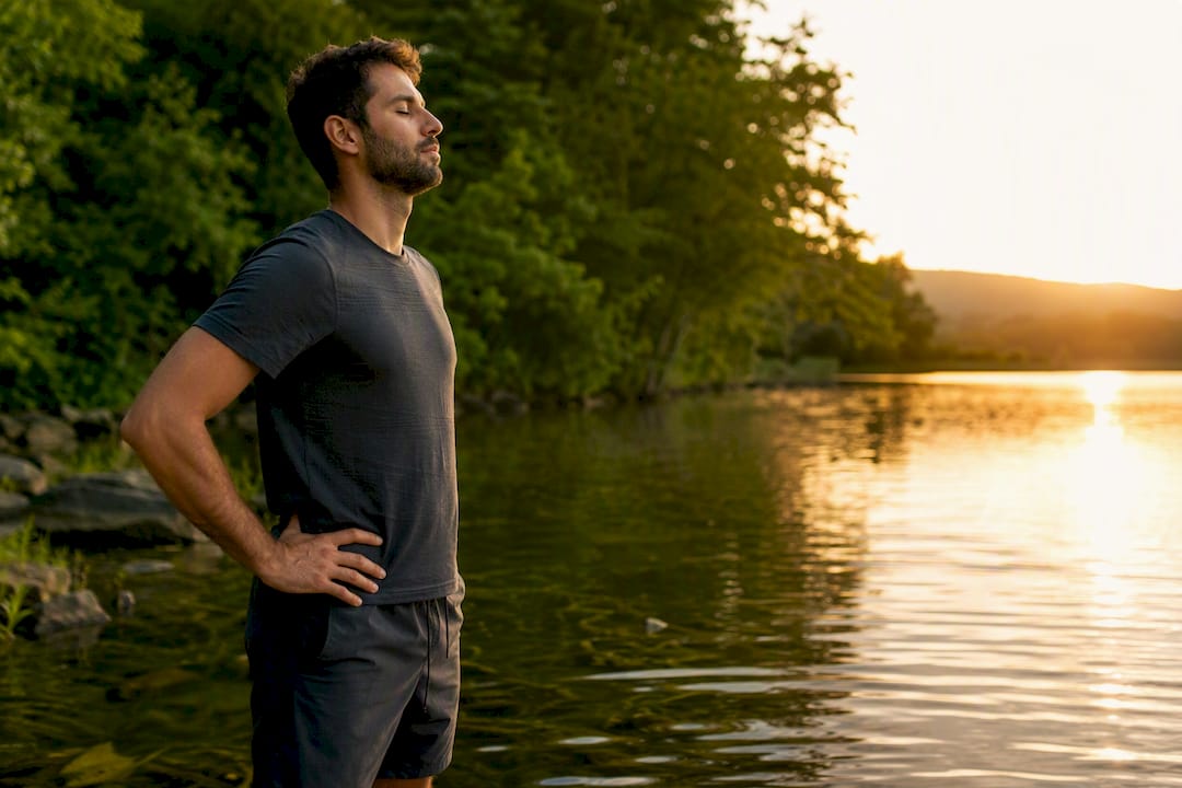 Man practicing box breathing outdoors