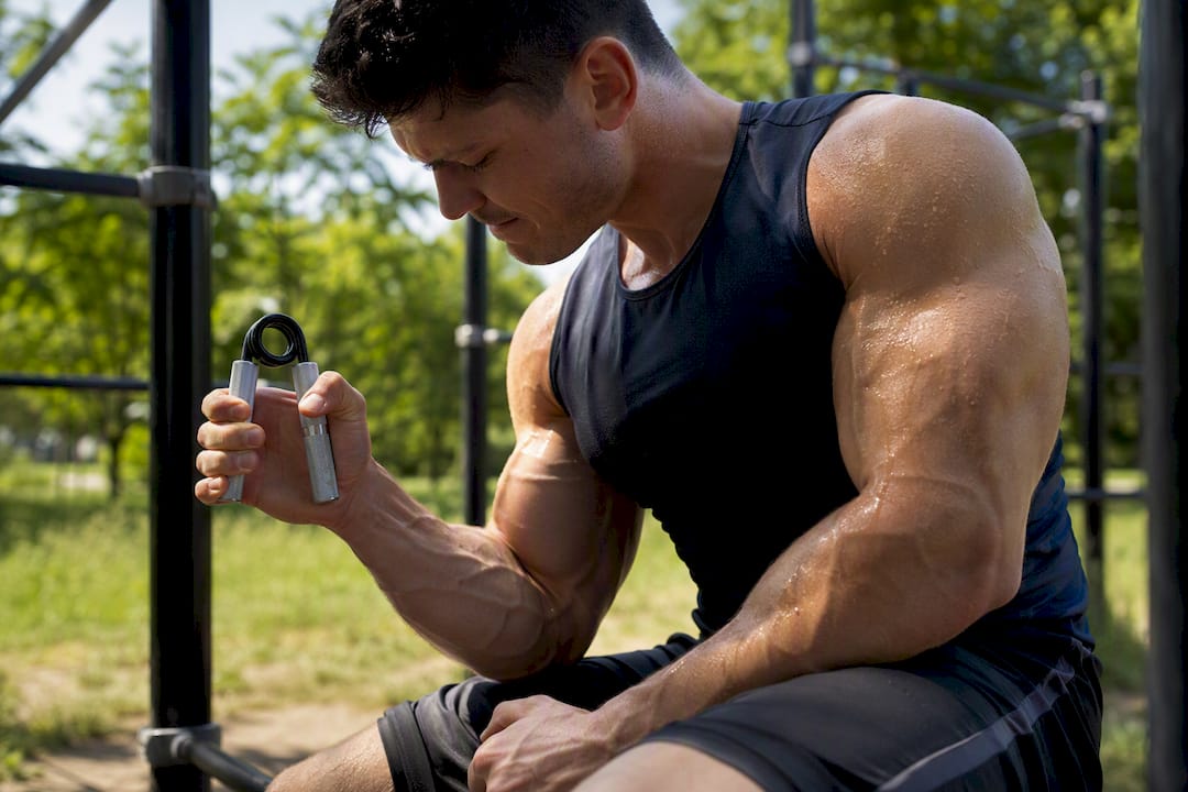Male athlete performing handgrip exercise outdoors