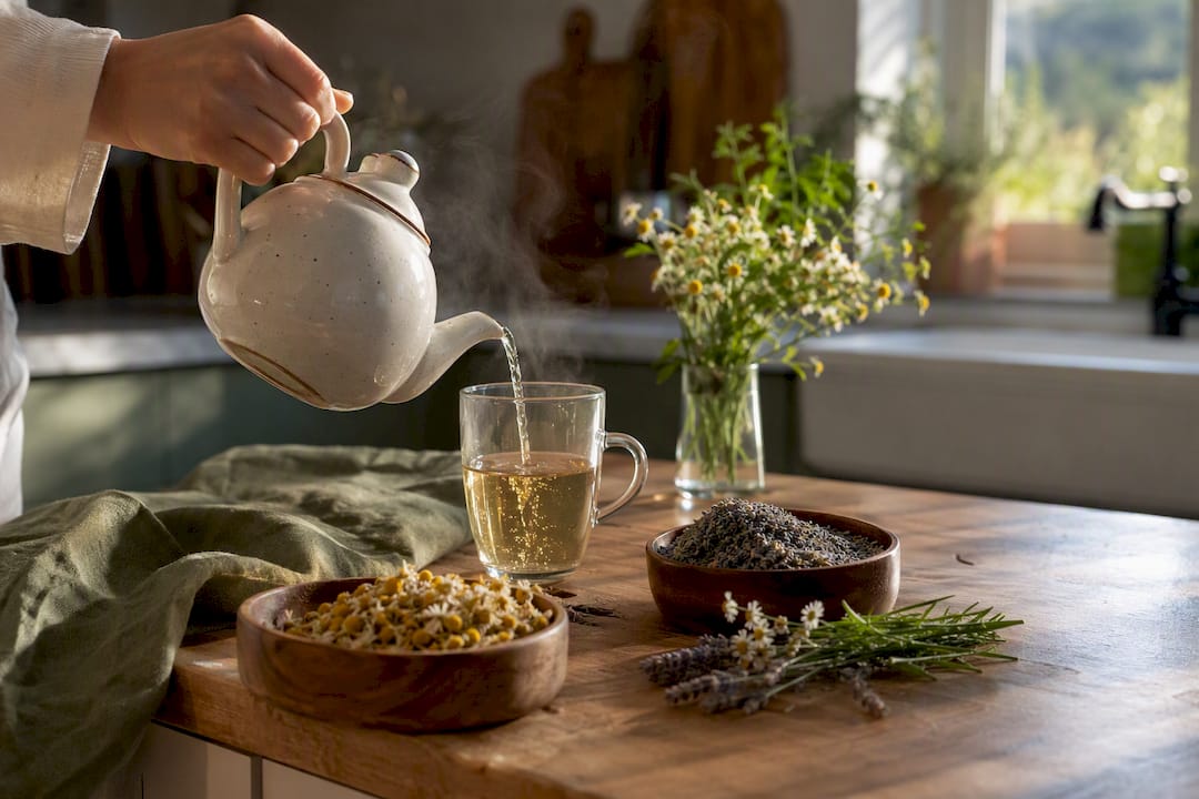 Hand pouring adaptogenic herbal tea