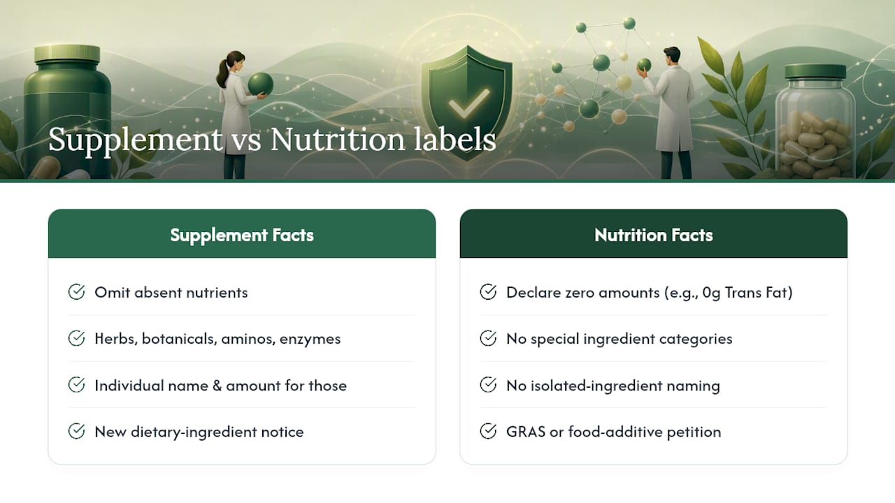 Comparison of supplement and food label rules