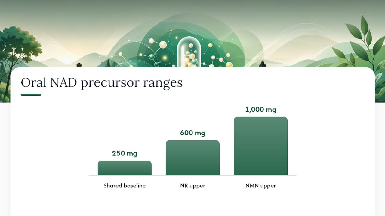 Comparison of oral NMN and NR dosage ranges