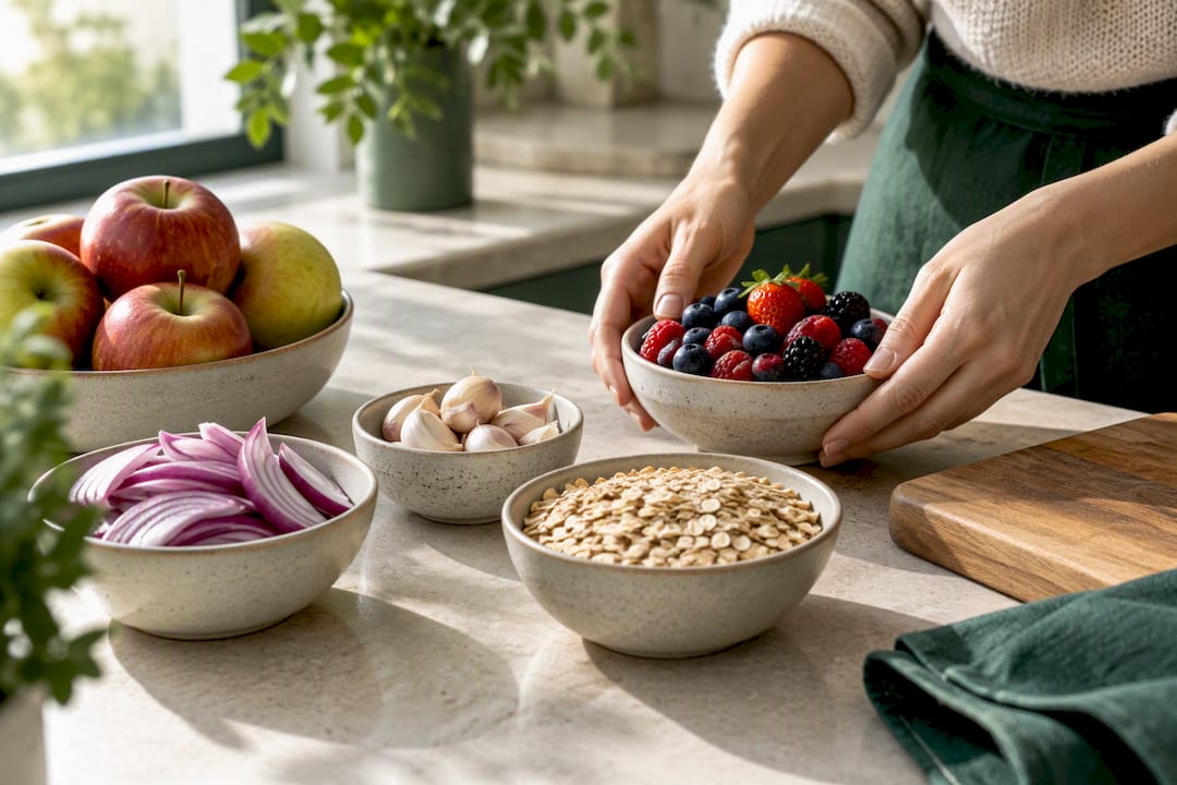 Apples oats onions garlic and berries