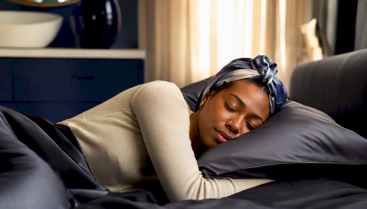 Woman sleeping on satin pillowcase with wrapped hair