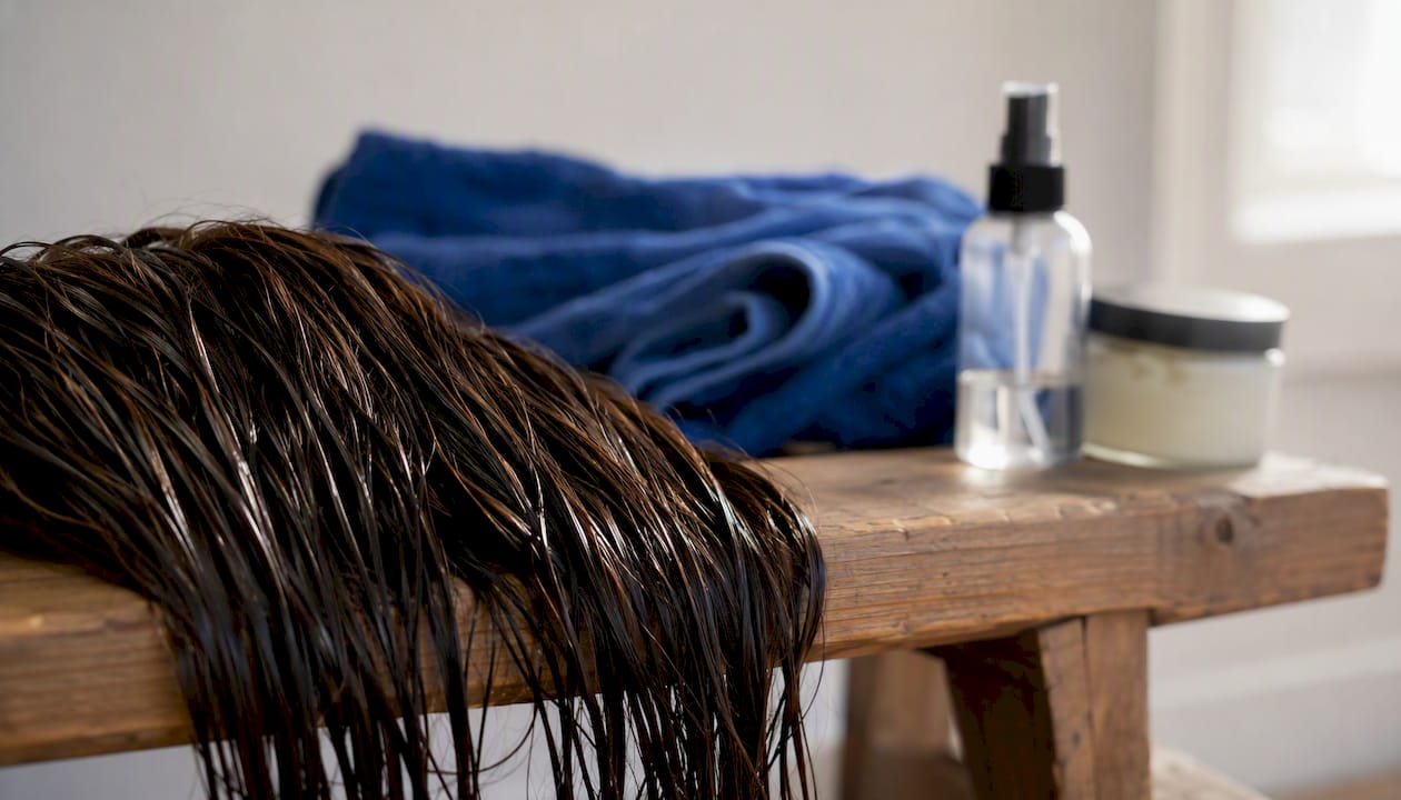 Moist hair wrapped in towel for curl prep