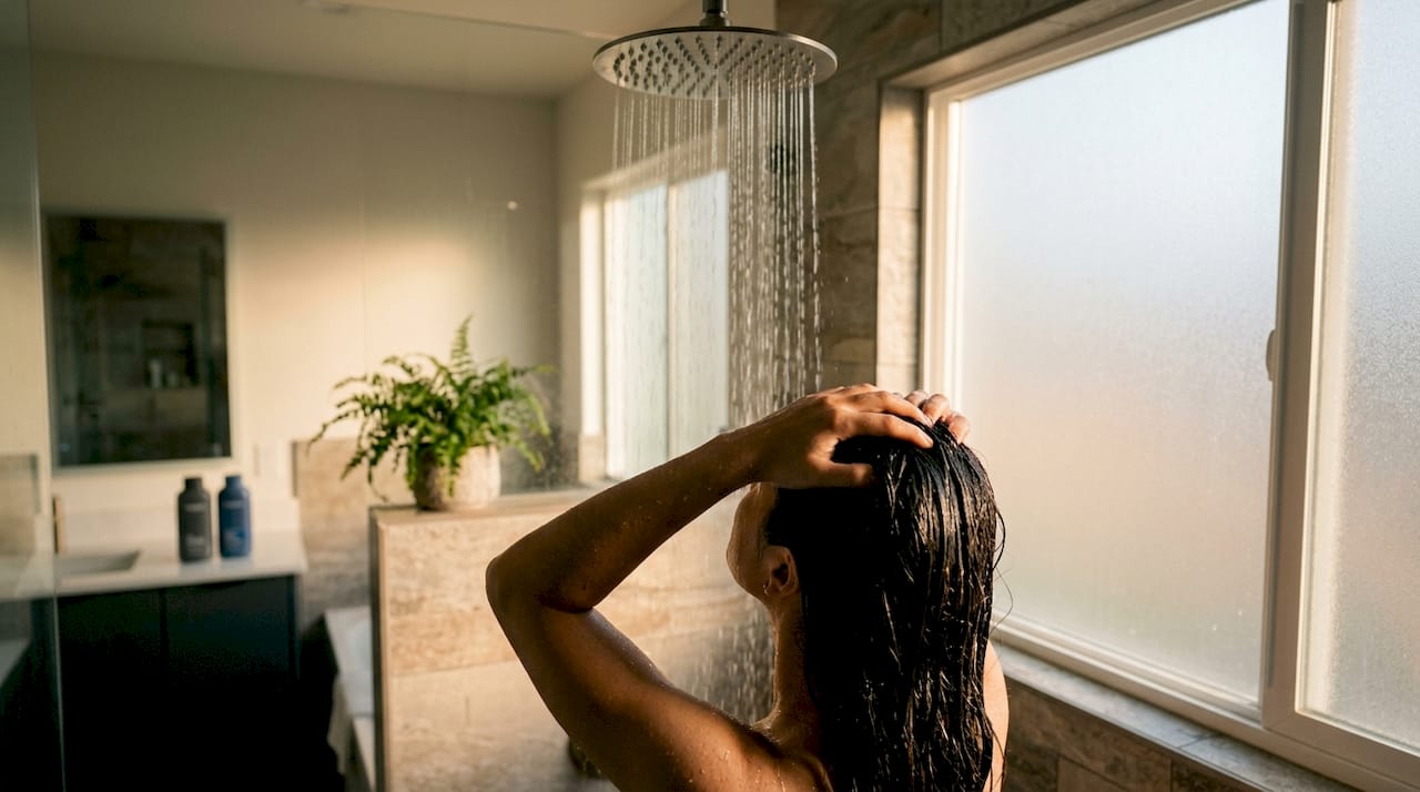Rinsing hair under shower water