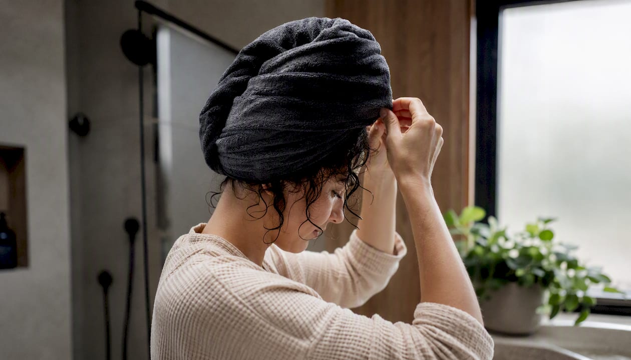 Wavy hair wrapped in microfiber towel for plopping