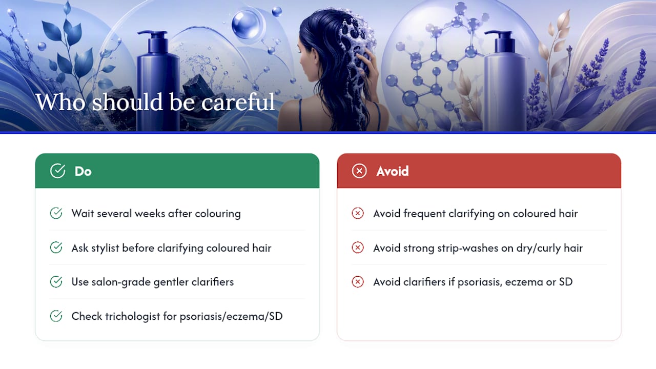 Who should be careful with clarifying or detox shampoo — overview diagram