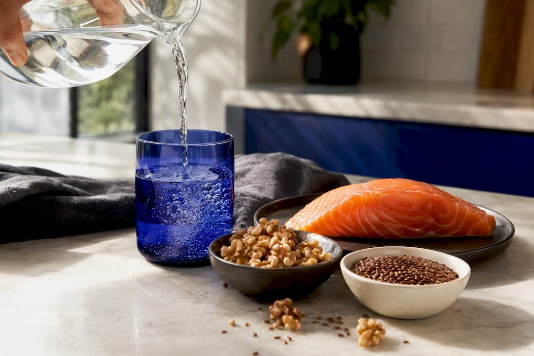 Water and nutrient-rich foods on kitchen counter