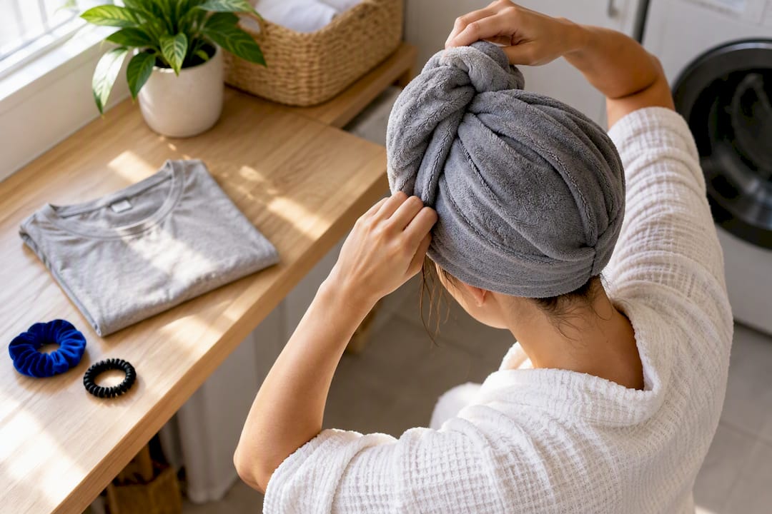 Hands wrapping hair in microfibre