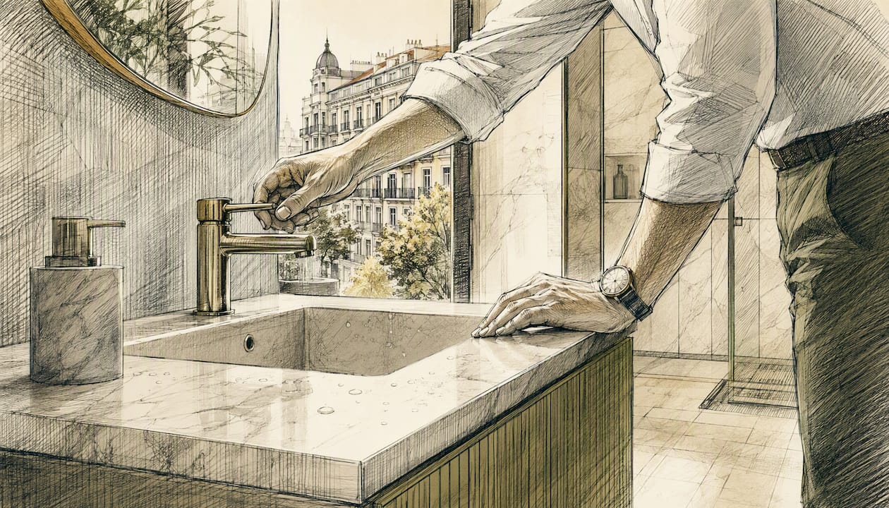 Agente revisando las características de la cocina en un piso