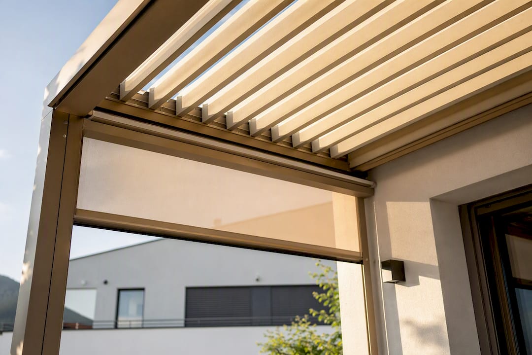Pergola z vgrajenim ZIP rolo zaslonom za teraso