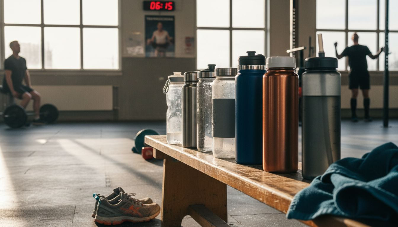 On the bench in the gym, all kinds of sports bottles are placed next to each other.