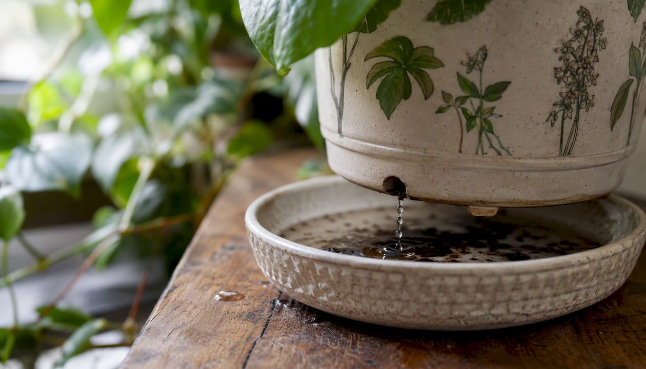 Water draining from plant pot into saucer