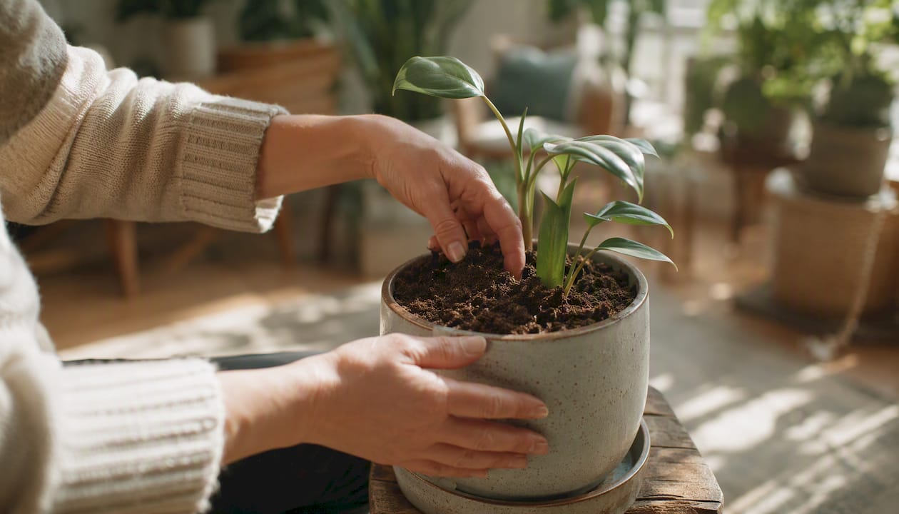 Hands feeling soil moisture in plant pot