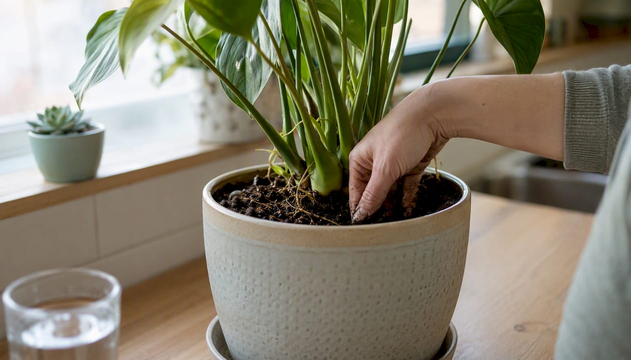 Hand checking soil moisture in plant pot