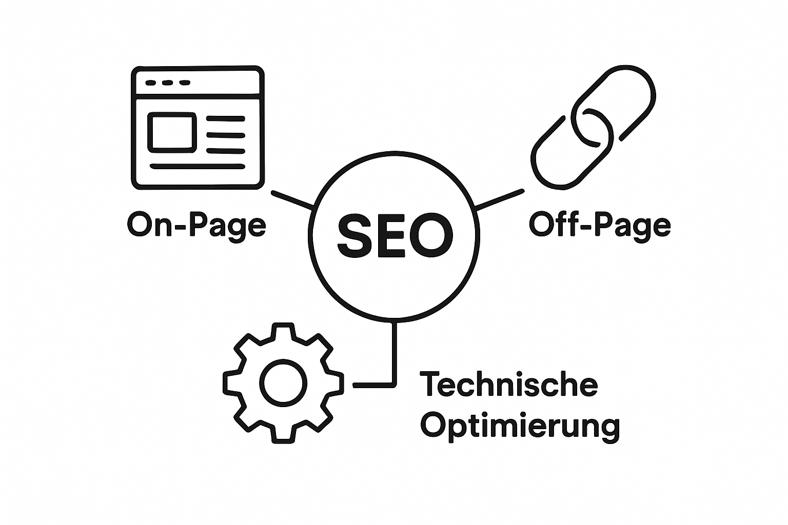 Infographic illustrating main SEO categories: On-Page, Off-Page, Technical