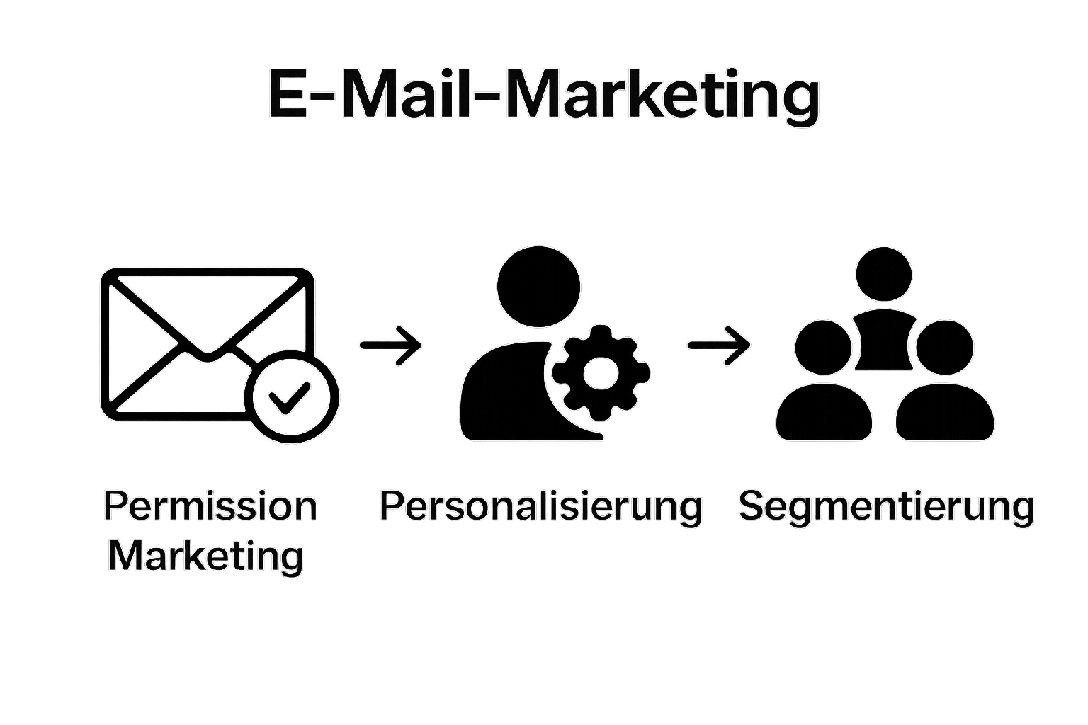 Icons showing email permission, personalization, and segmentation in e-mail marketing
