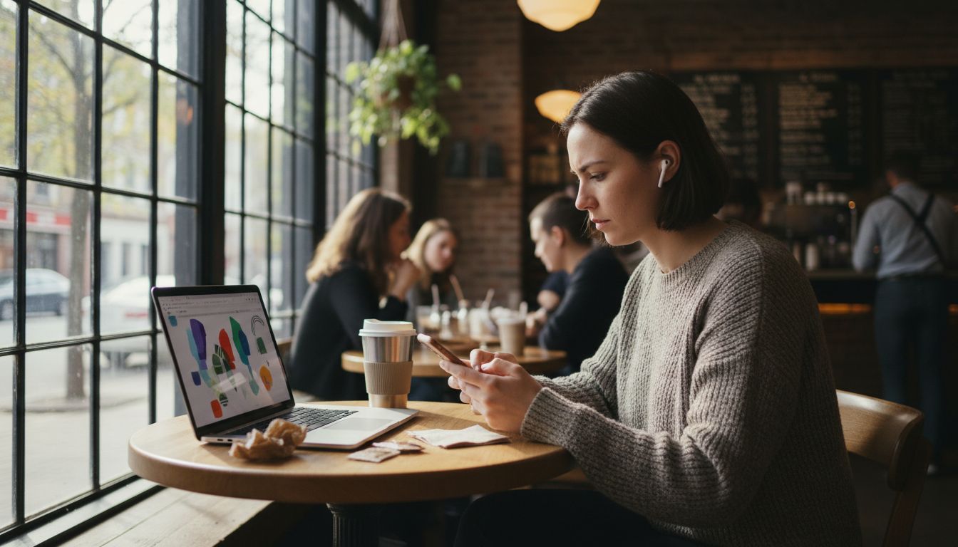 Marketer using smartphone in busy cafe