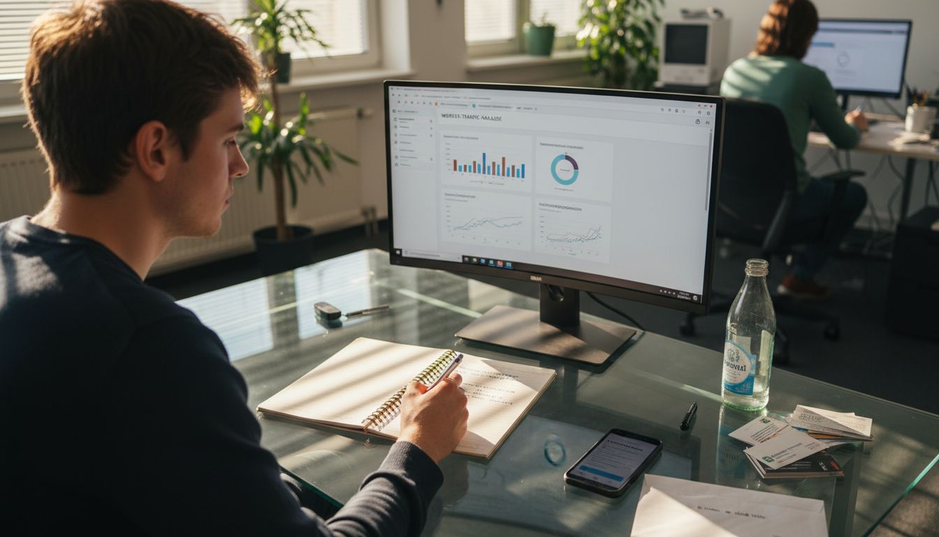 Ein Online-Marketing-Experte analysiert am Schreibtisch aktuelle Kennzahlen und Auswertungen.