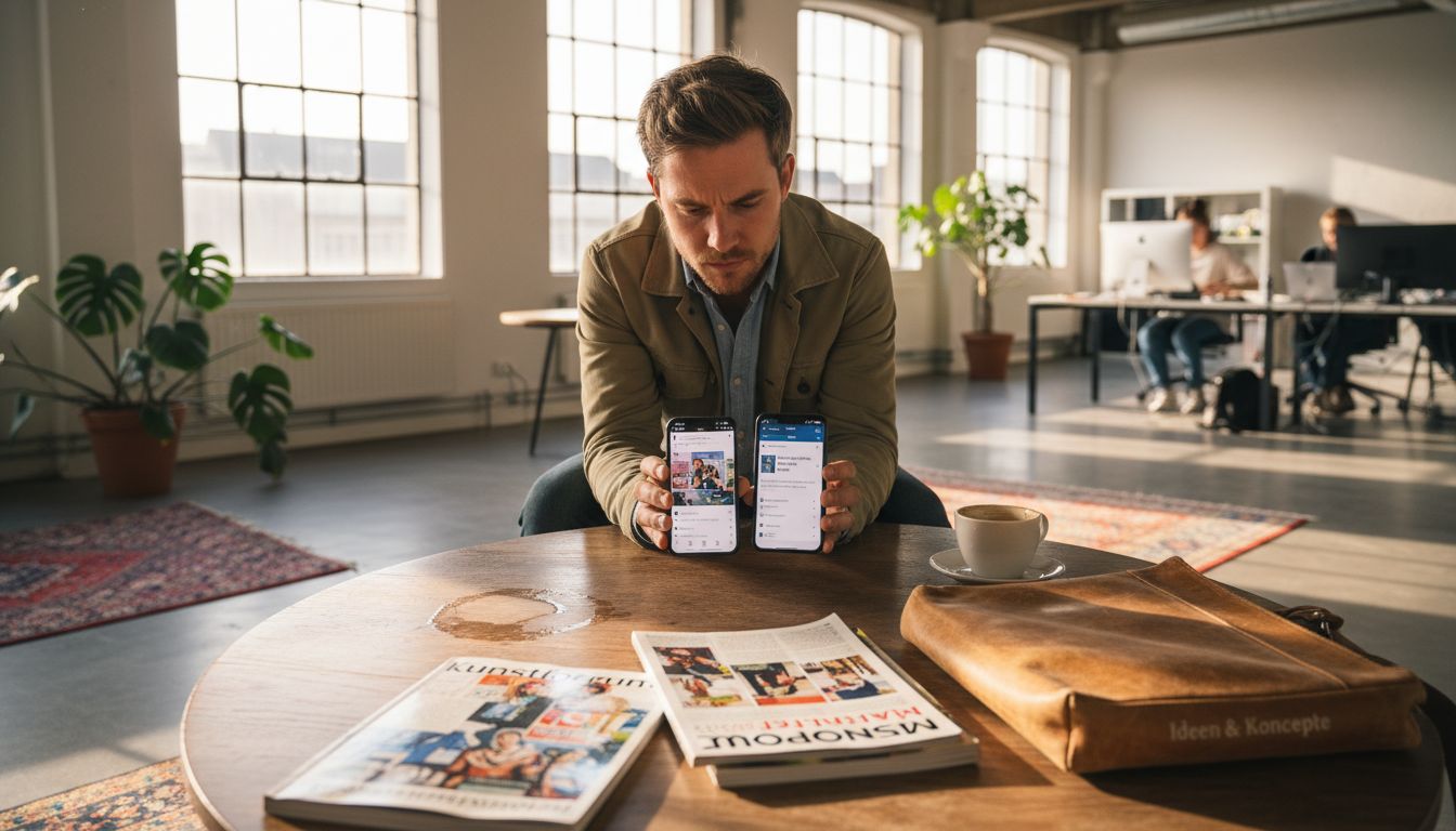 Ein Marketing-Profi vergleicht in der Agentur verschiedene Social-Media-Feeds, um die besten Strategien für Kunden zu entwickeln.