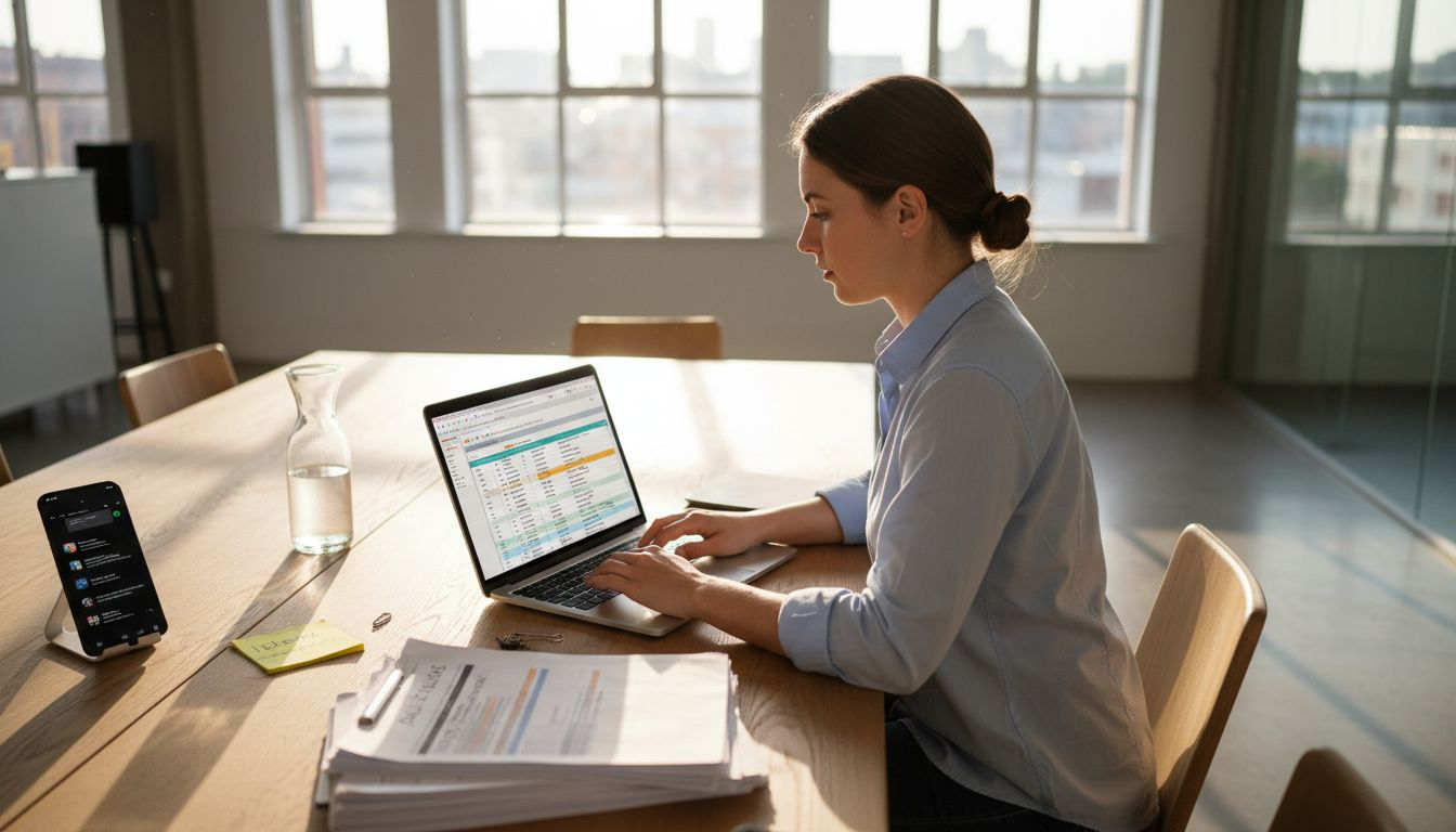 Marketing-Experte organisiert zielgruppenspezifische Kontaktlisten am Laptop.