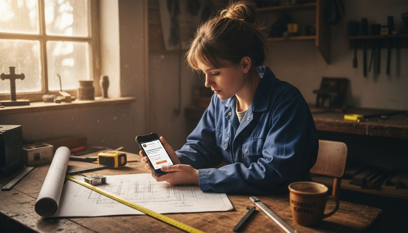 Eine Handwerkerin wirft einen Blick auf das Online-Profil ihres Betriebs.