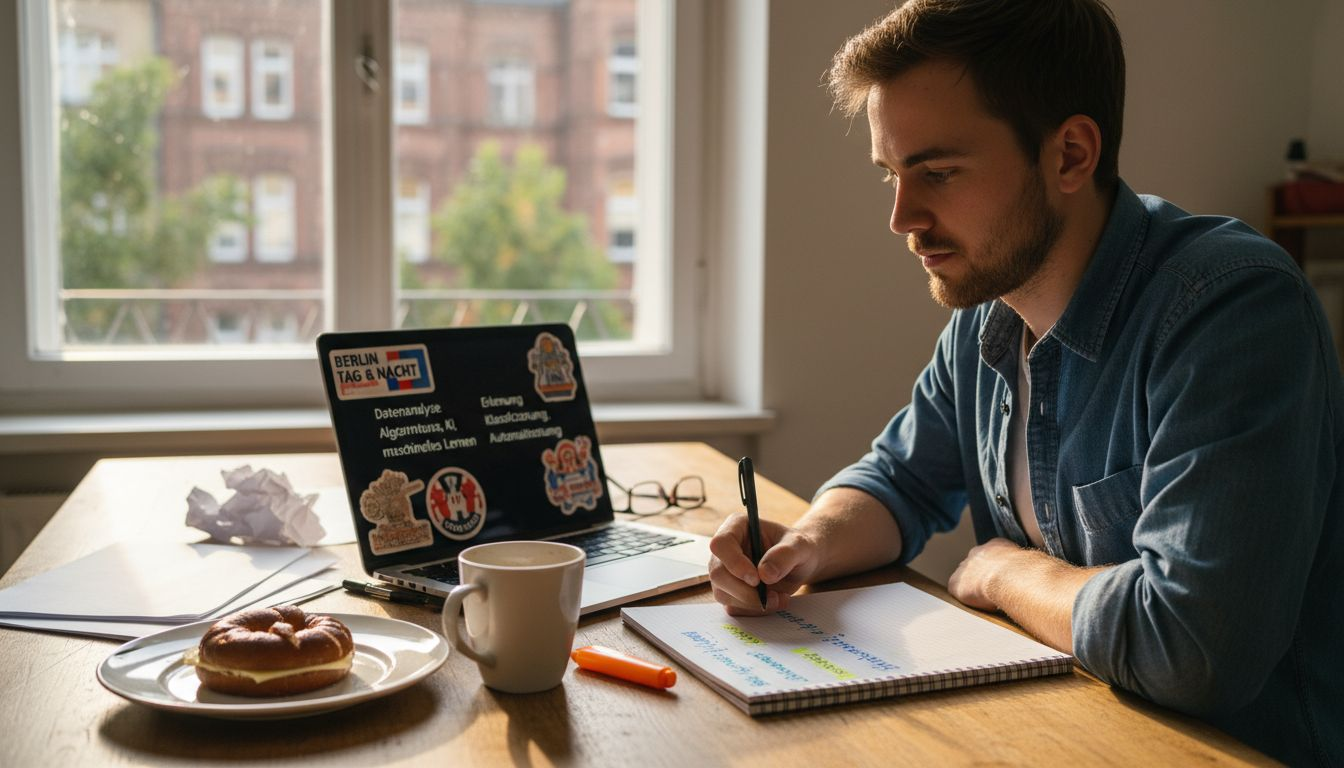 Eine Person sitzt am Tisch und vergleicht verschiedene Arten von Keywords miteinander.