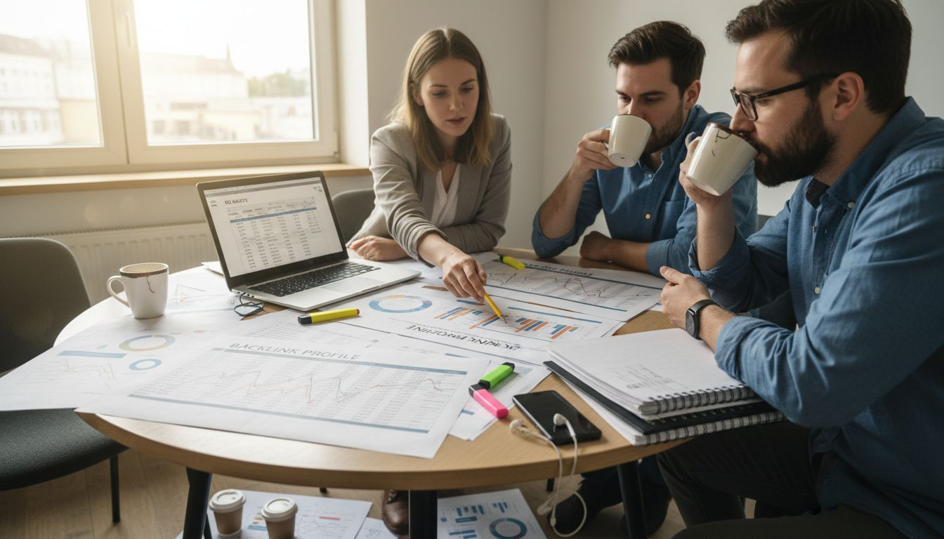 Ein Team sitzt gemeinsam am Tisch und tauscht sich über effektive Linkbuilding-Strategien aus.