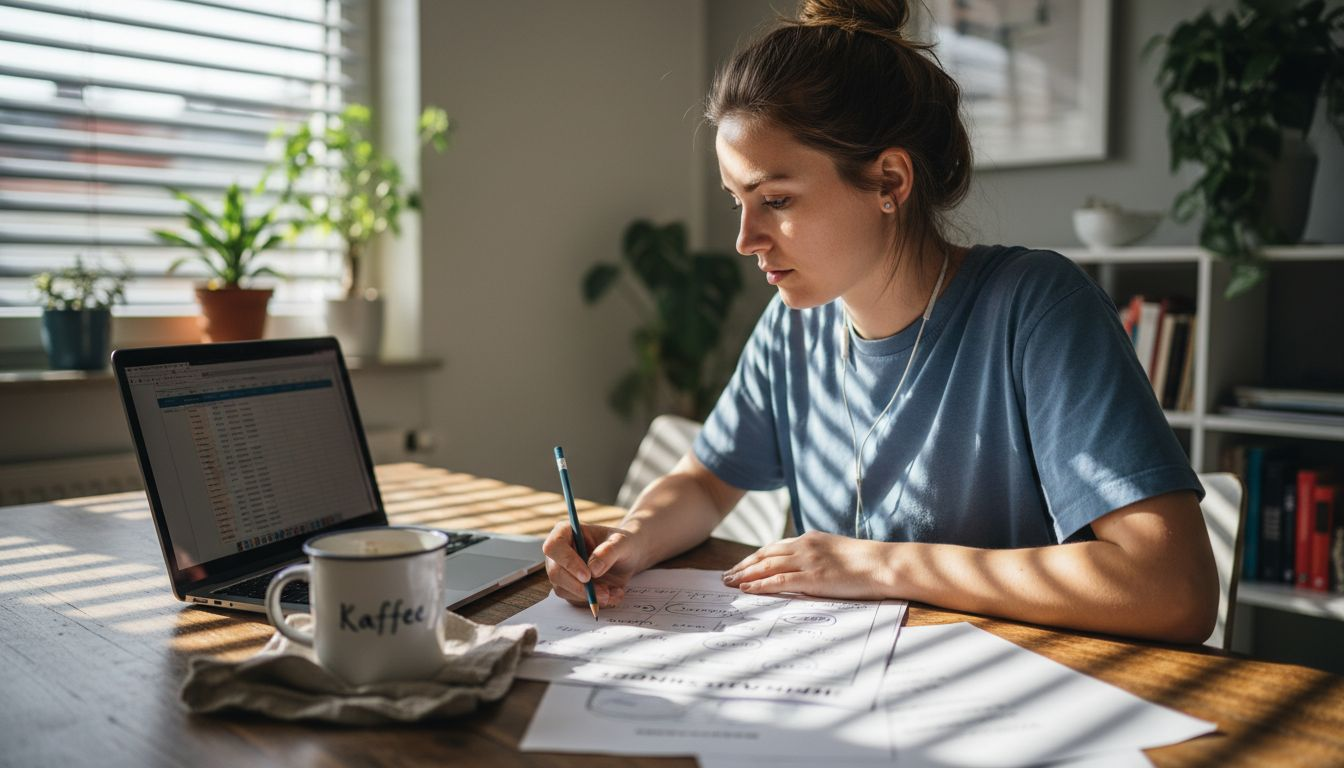 Eine Frau sitzt am Tisch und arbeitet an ihrem Redaktionsplan für Social Media.