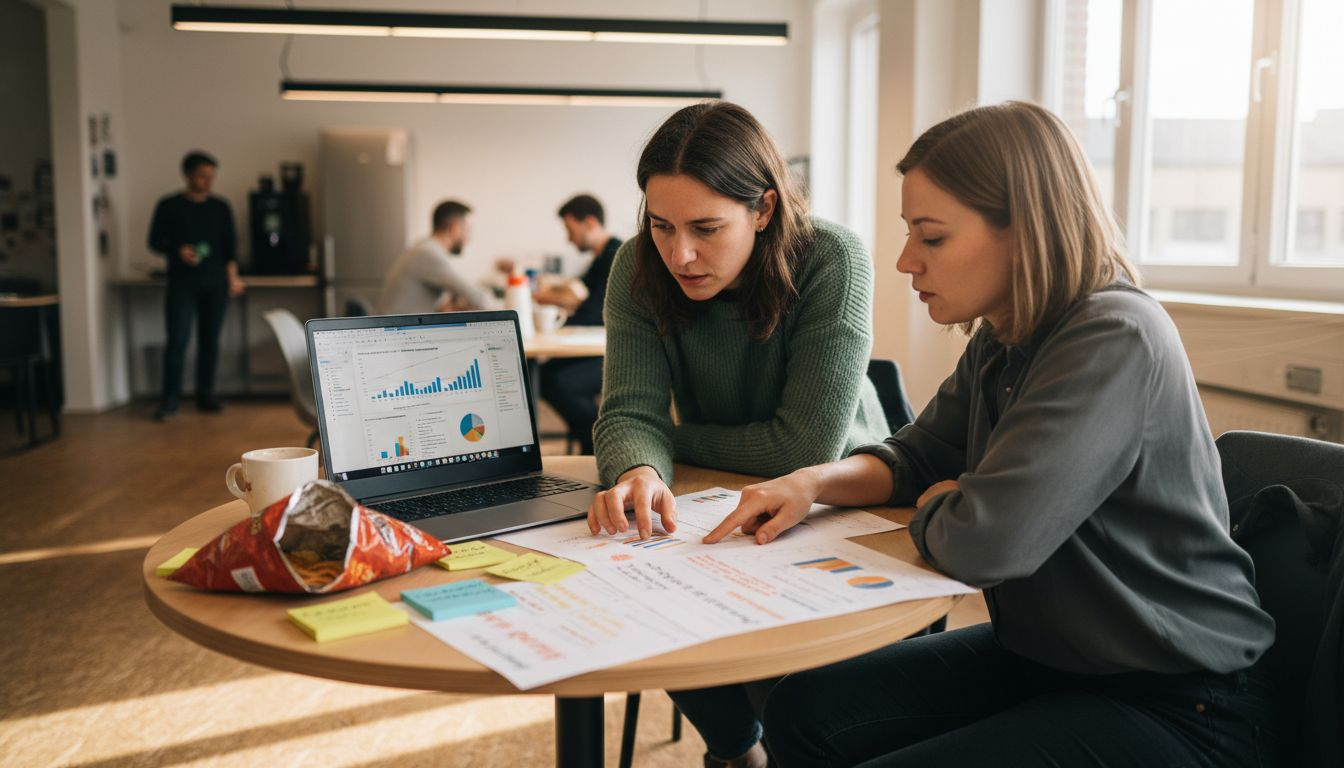 Ein Team sitzt gemeinsam am Tisch und analysiert die aktuellen Marketingzahlen der verschiedenen Kanäle.