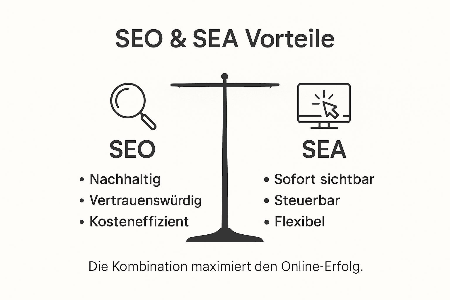 Übersichtsgrafik: Die wichtigsten Vorteile von SEO und SEA auf einen Blick