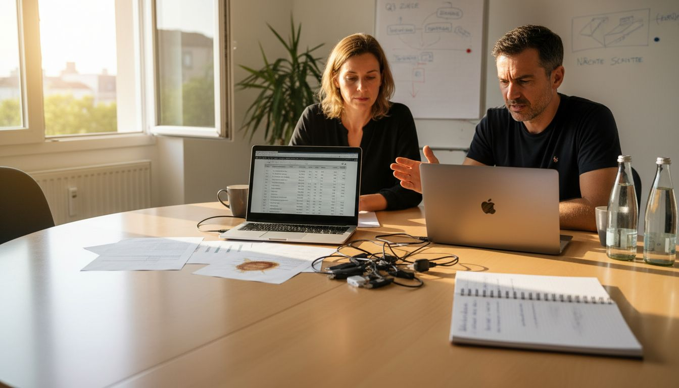 Marketing-Experten sitzen gemeinsam am Tisch und teilen ihre E-Mail-Listen in gezielte Empfängergruppen auf.