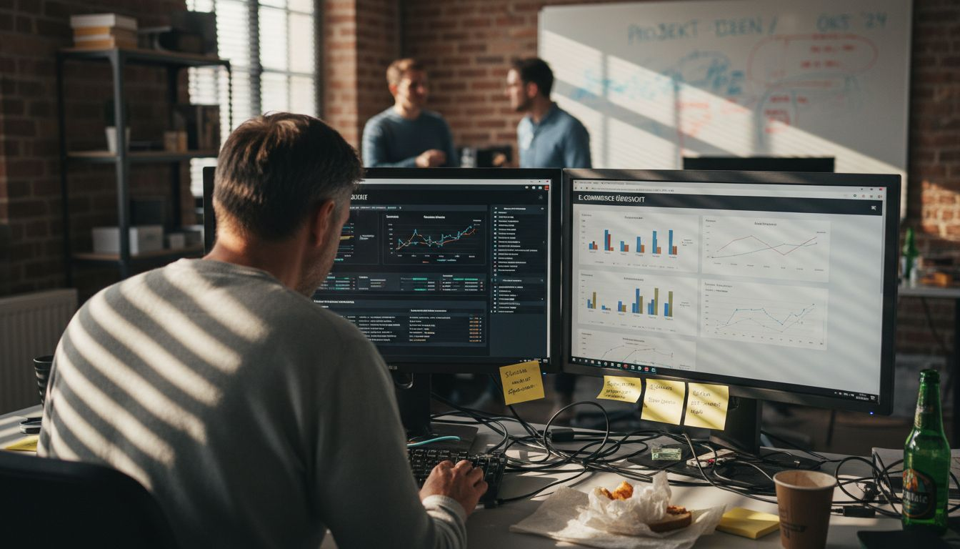 Ein IT-Experte nimmt Anpassungen am Dashboard des Onlineshops vor.