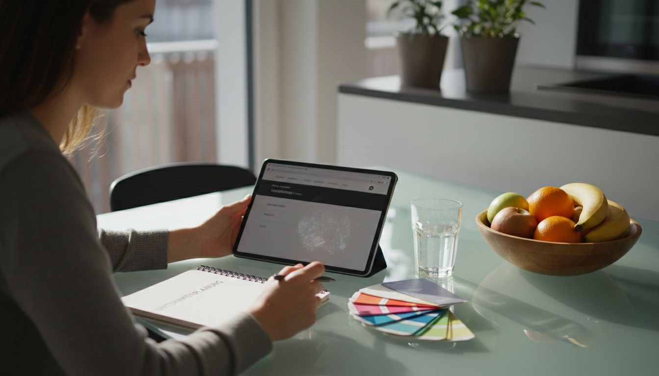 Eine Frau sitzt am Küchentisch und surft mit dem Tablet auf einer Website.