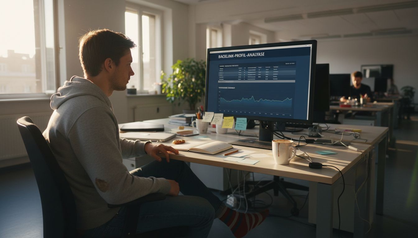 Ein Marketingexperte prüft am Schreibtisch die eingehenden Backlinks und analysiert, wie sie das Ranking der Webseite beeinflussen.