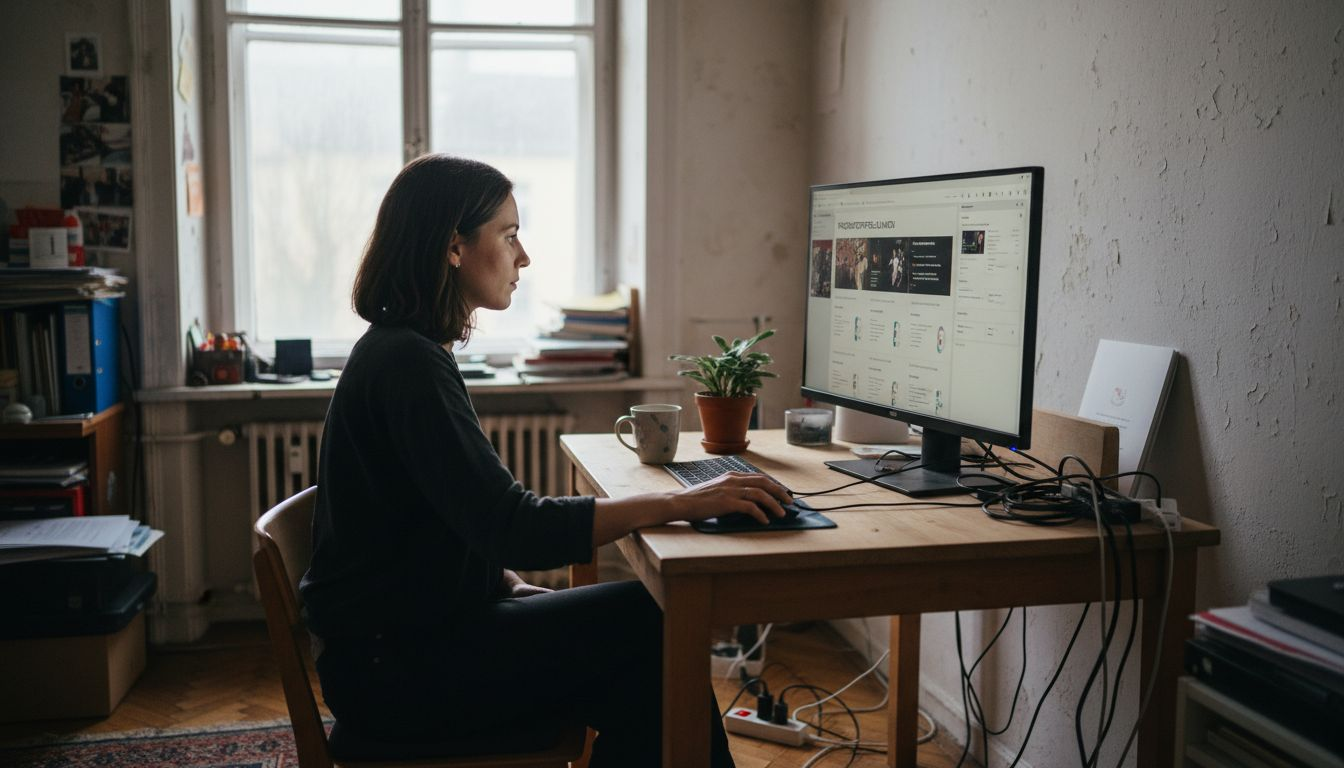 Eine Frau arbeitet an ihrem höhenverstellbaren Schreibtisch und nutzt dabei ein E-Commerce-Dashboard.