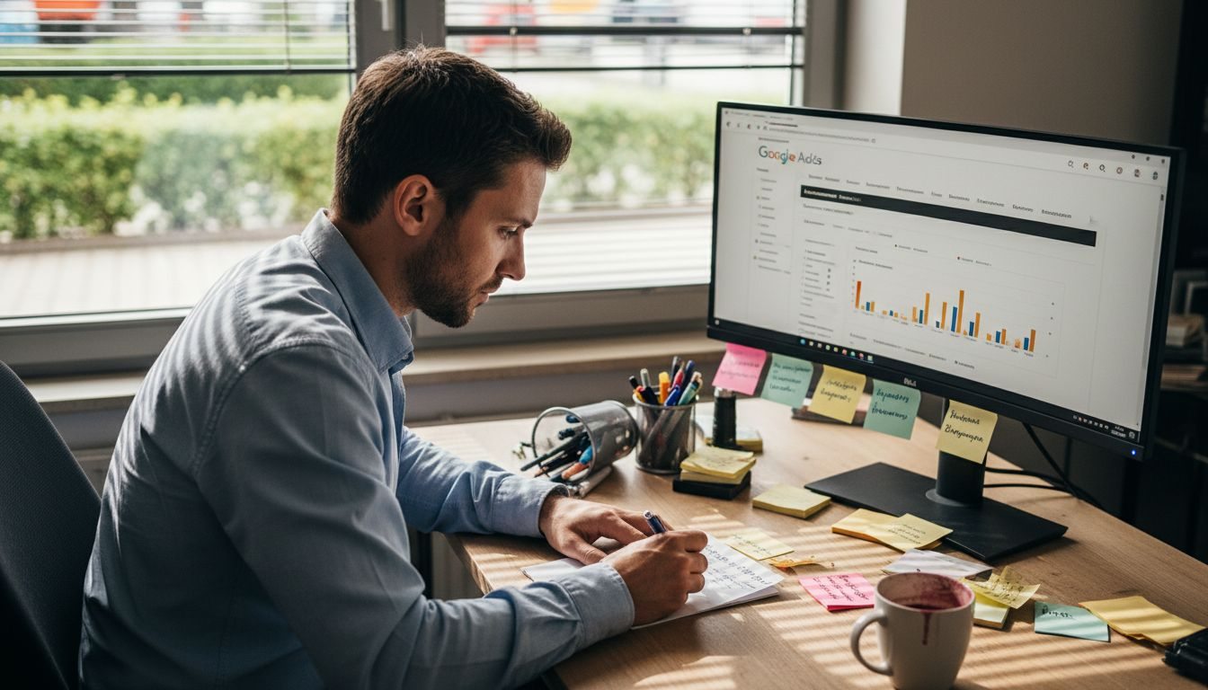 Ein Mann sitzt am Schreibtisch und kümmert sich um die Verwaltung seiner Online-Werbeanzeigen.
